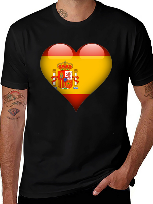 Spain Flag Heart Graphic Tee - Black Cotton T-Shirt