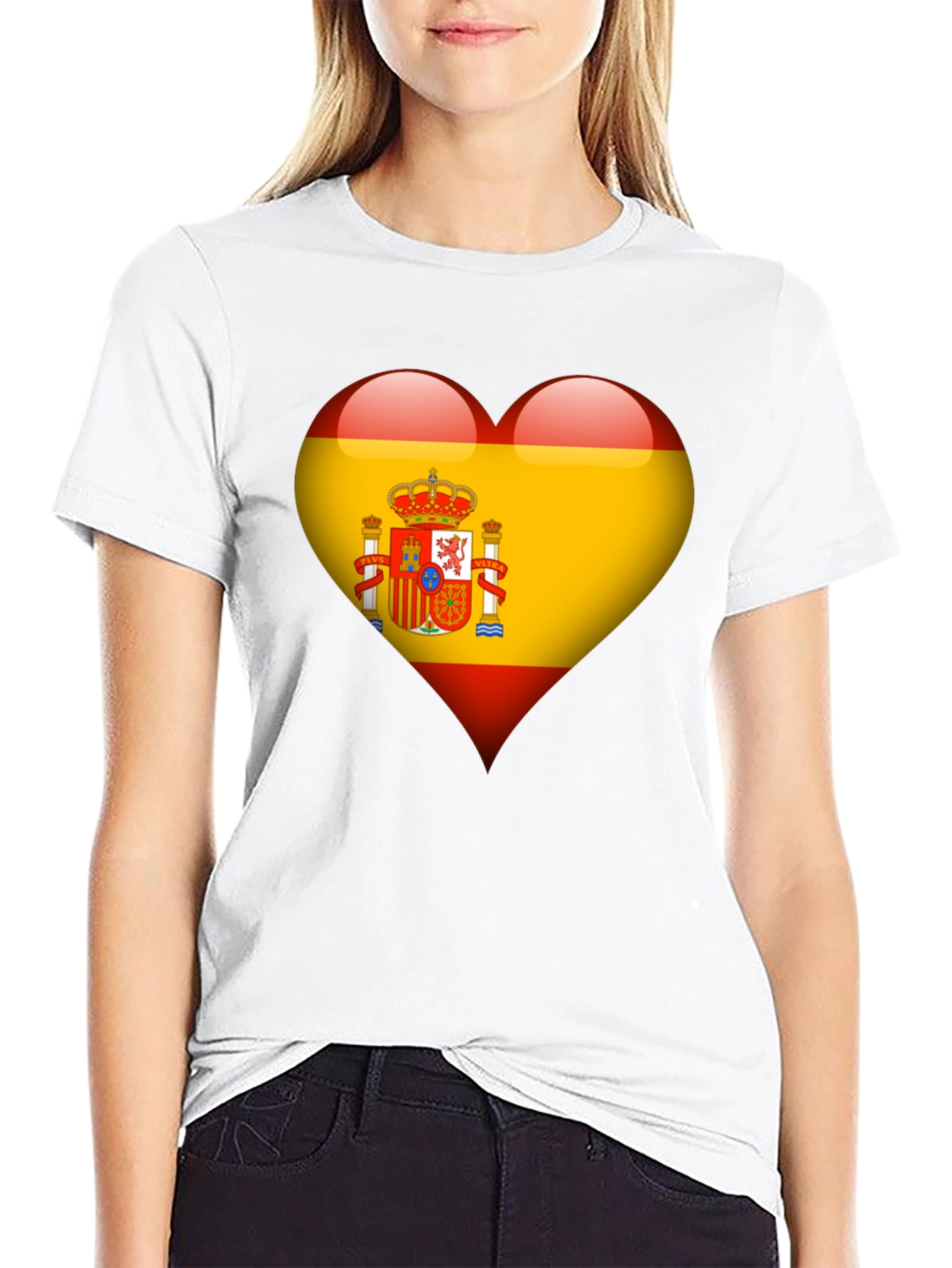 Spain Flag Heart Graphic Tee - Black Cotton T-Shirt