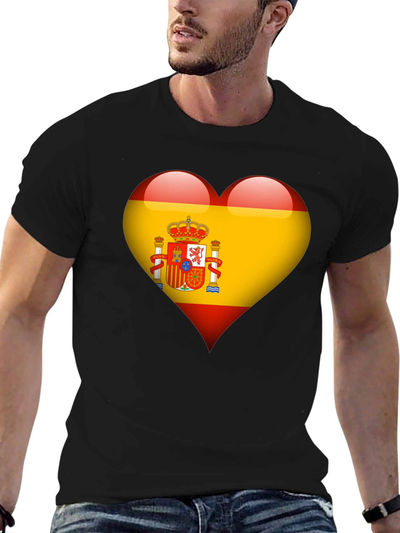 Spain Flag Heart Graphic Tee - Black Cotton T-Shirt