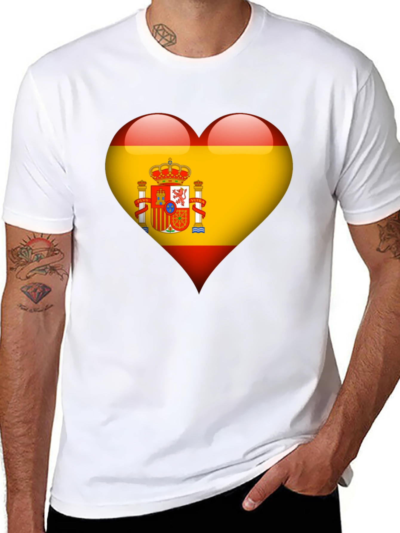 Spain Flag Heart Graphic Tee - Black Cotton T-Shirt