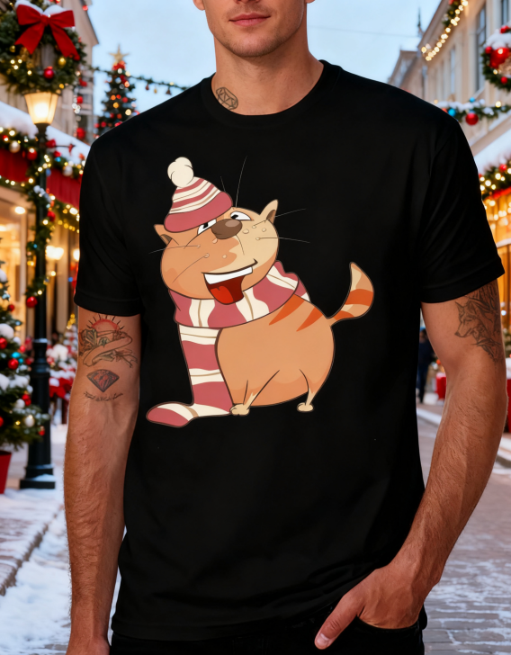 "Cozy Kitten" Winter-Themed Black Graphic Tee