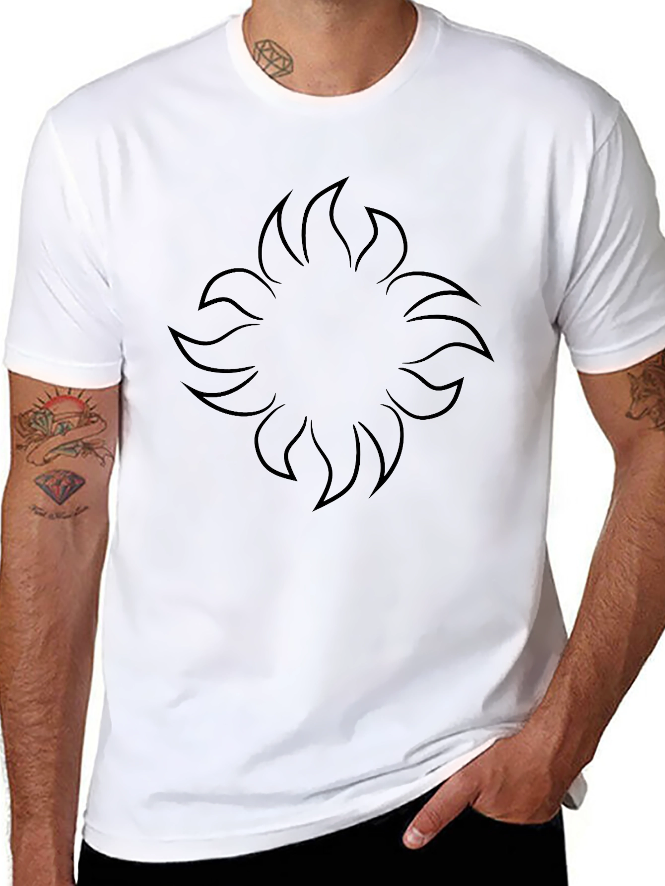 Mens Black Graphic Tee - Abstract Sun Design
