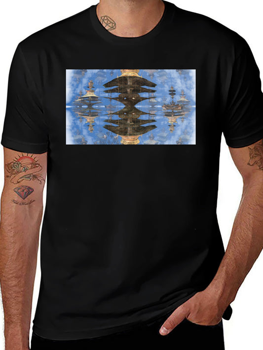 Reflective Pagoda Graphic Tee - Black Cotton Blend