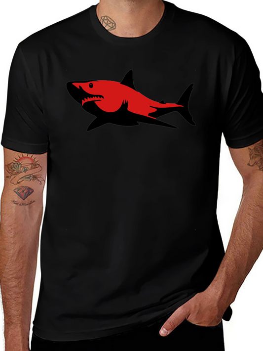 Mens Graphic Tee - Red Shark Design Short Sleeve