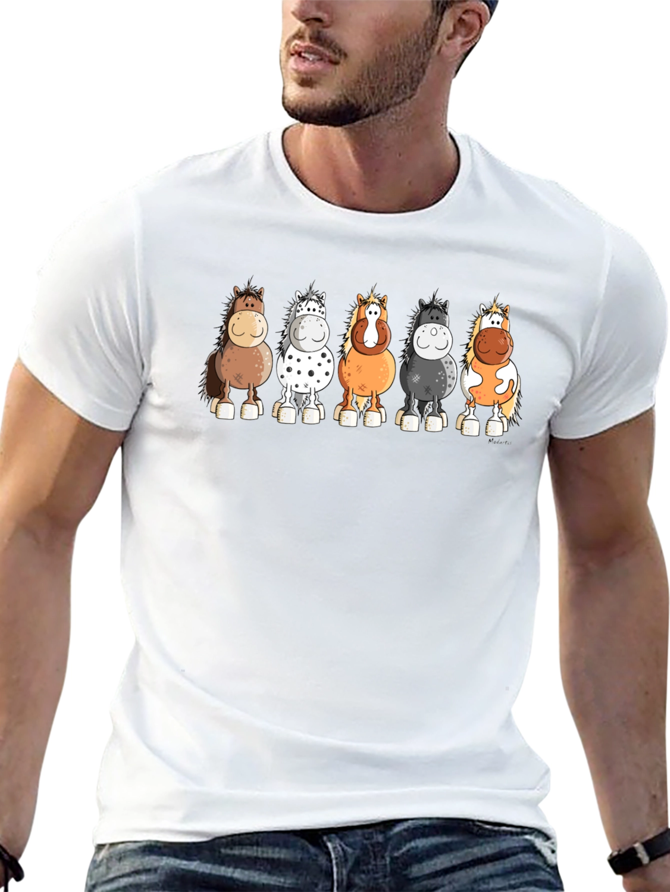 Cartoon Horses T-Shirt - Black Cotton Tee