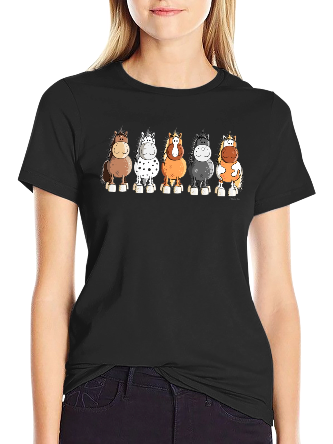 Cartoon Horses T-Shirt - Black Cotton Tee