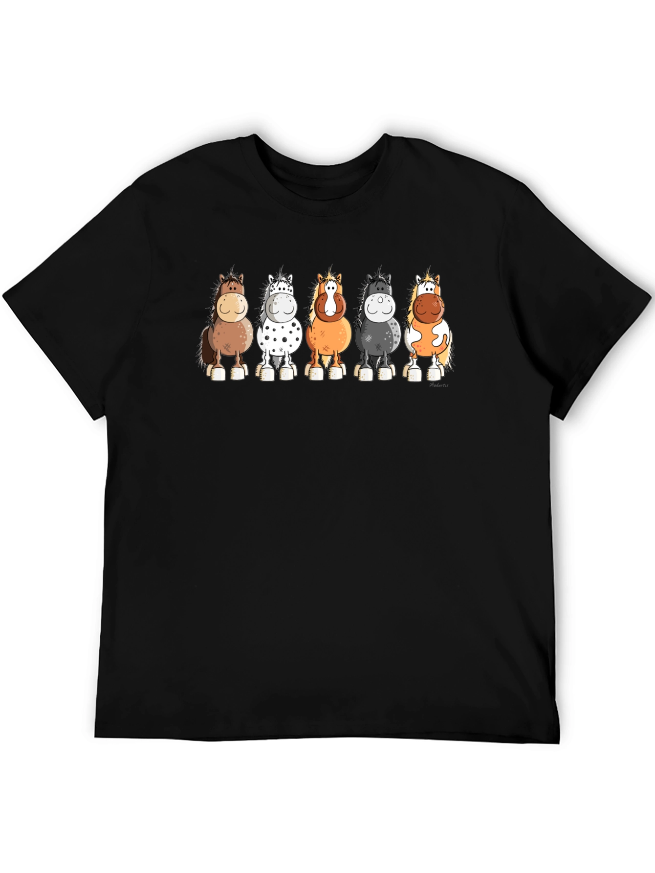 Cartoon Horses T-Shirt - Black Cotton Tee