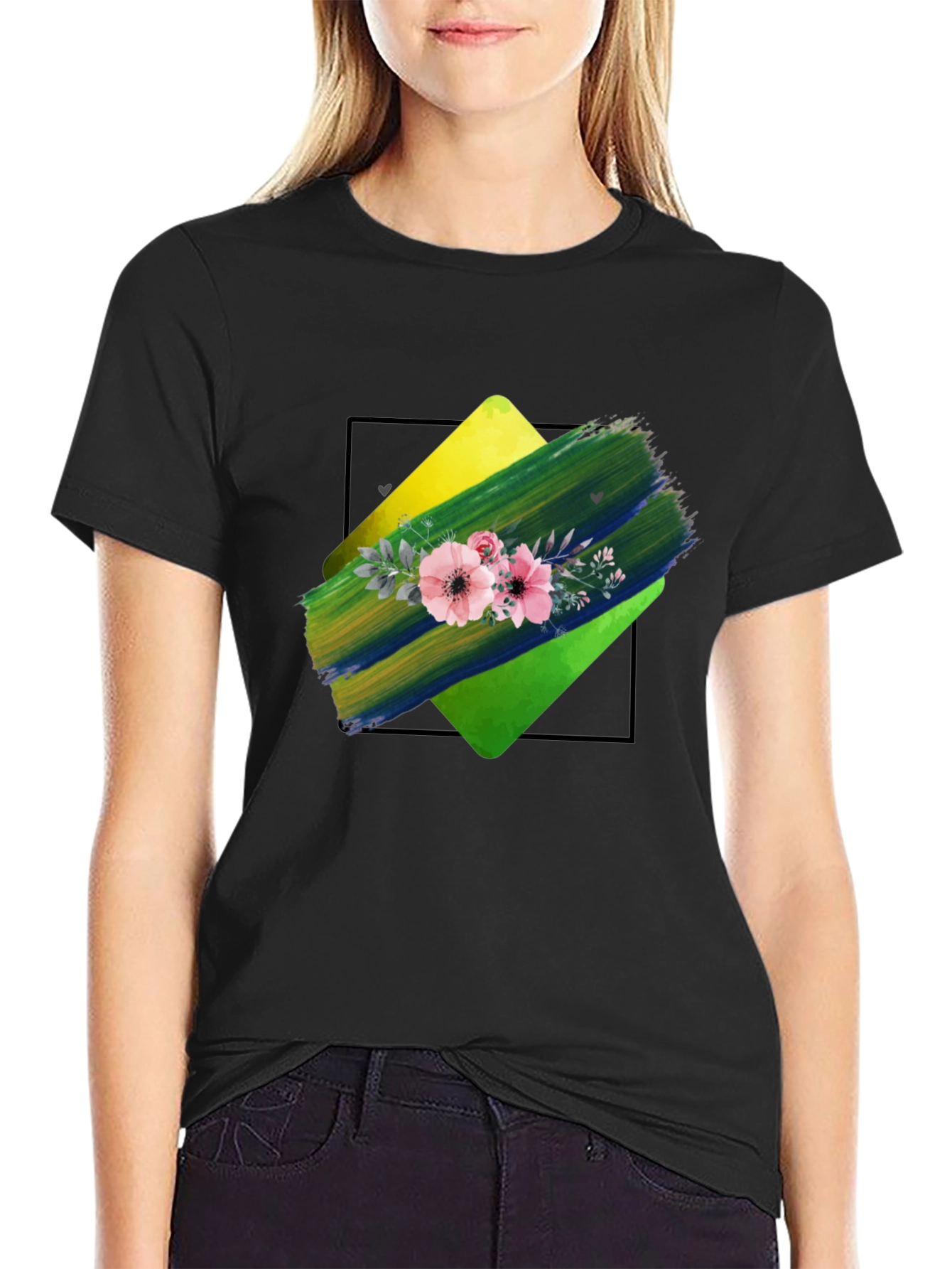 Floral Brushstroke Graphic Tee - Black