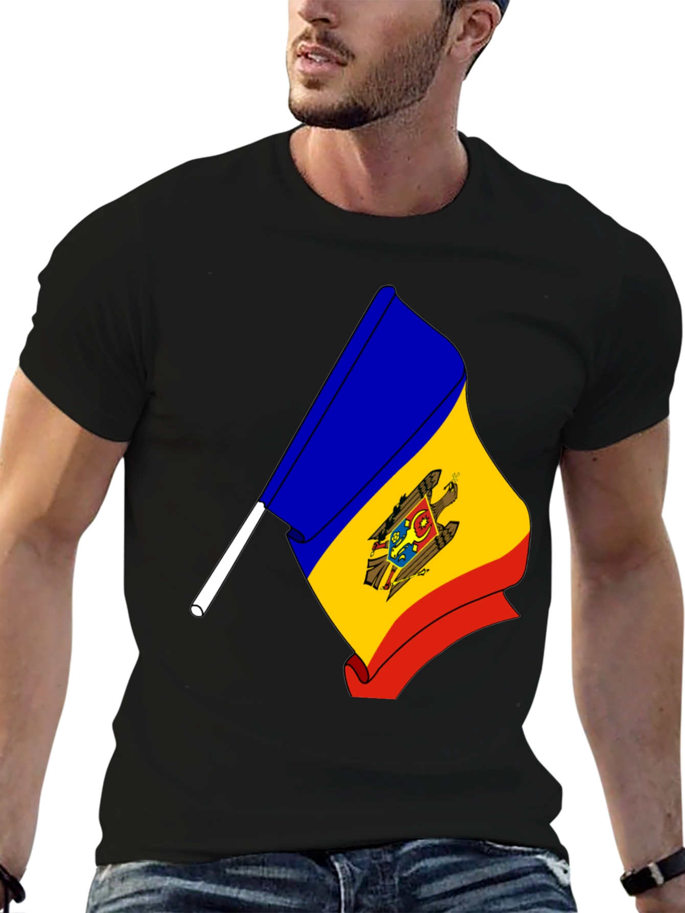 Moldova Flag Graphic Print Black T-Shirt