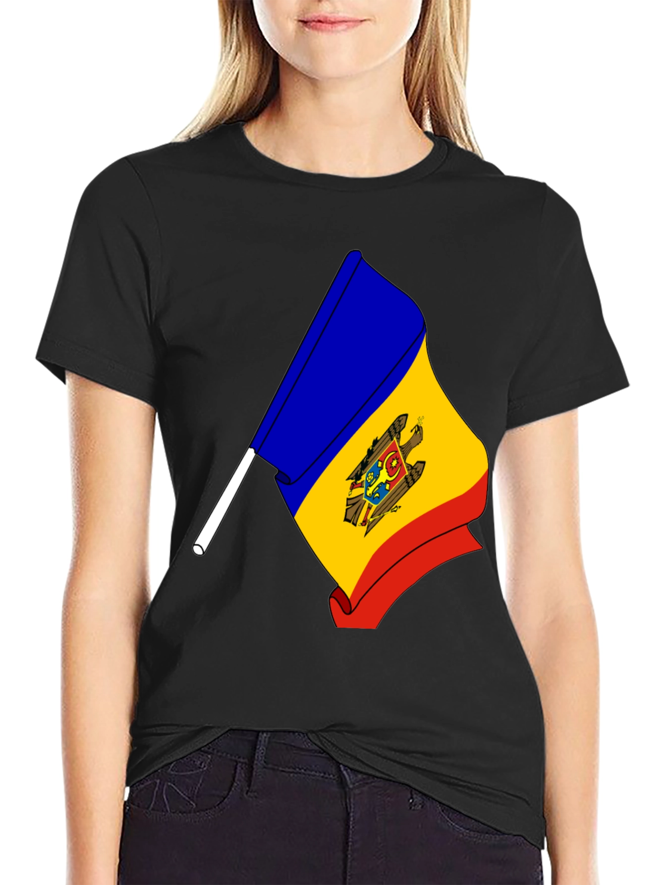 Moldova Flag Graphic Print Black T-Shirt