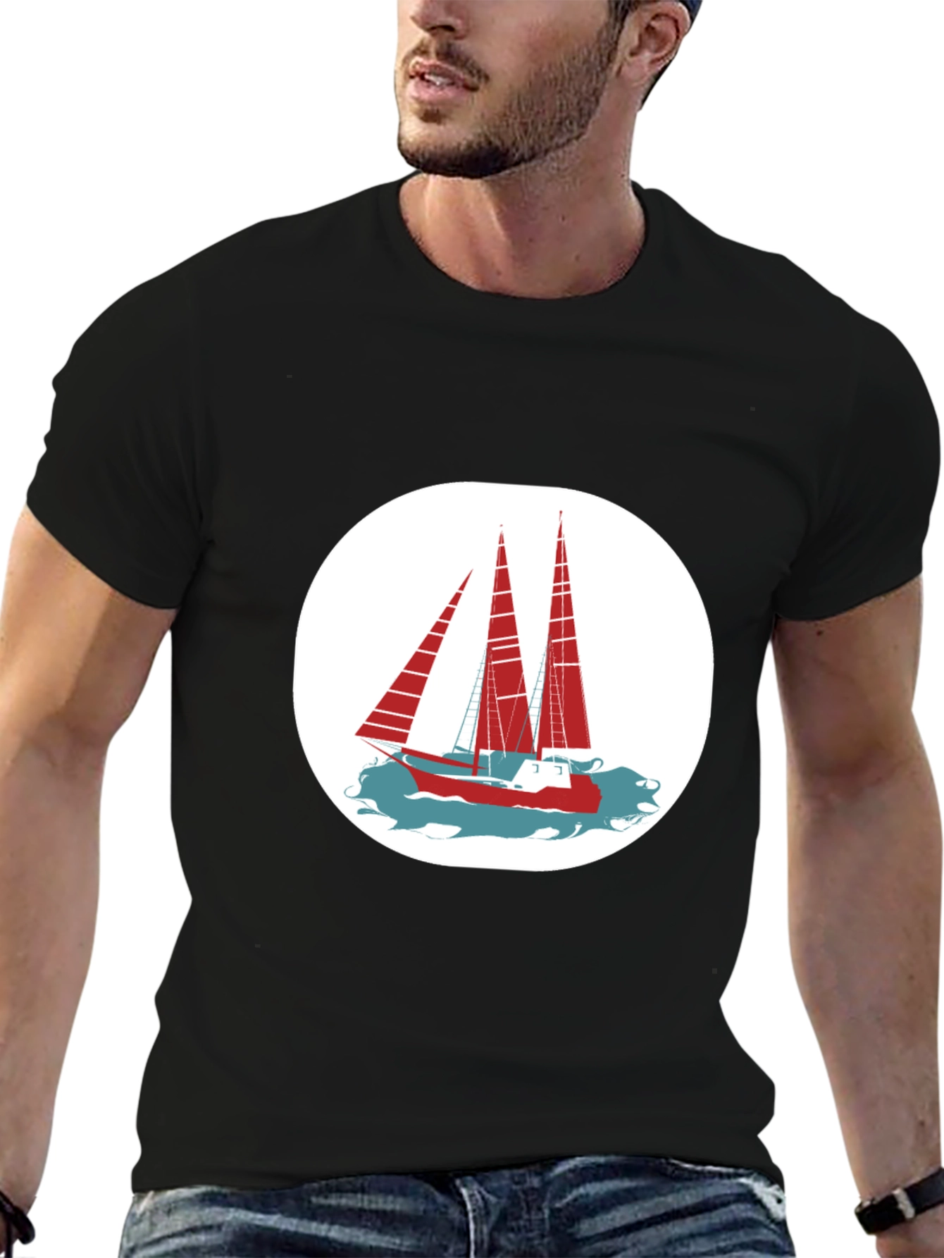 Nautical Sailboat Graphic Tee - Classic Black Cotton Shirt