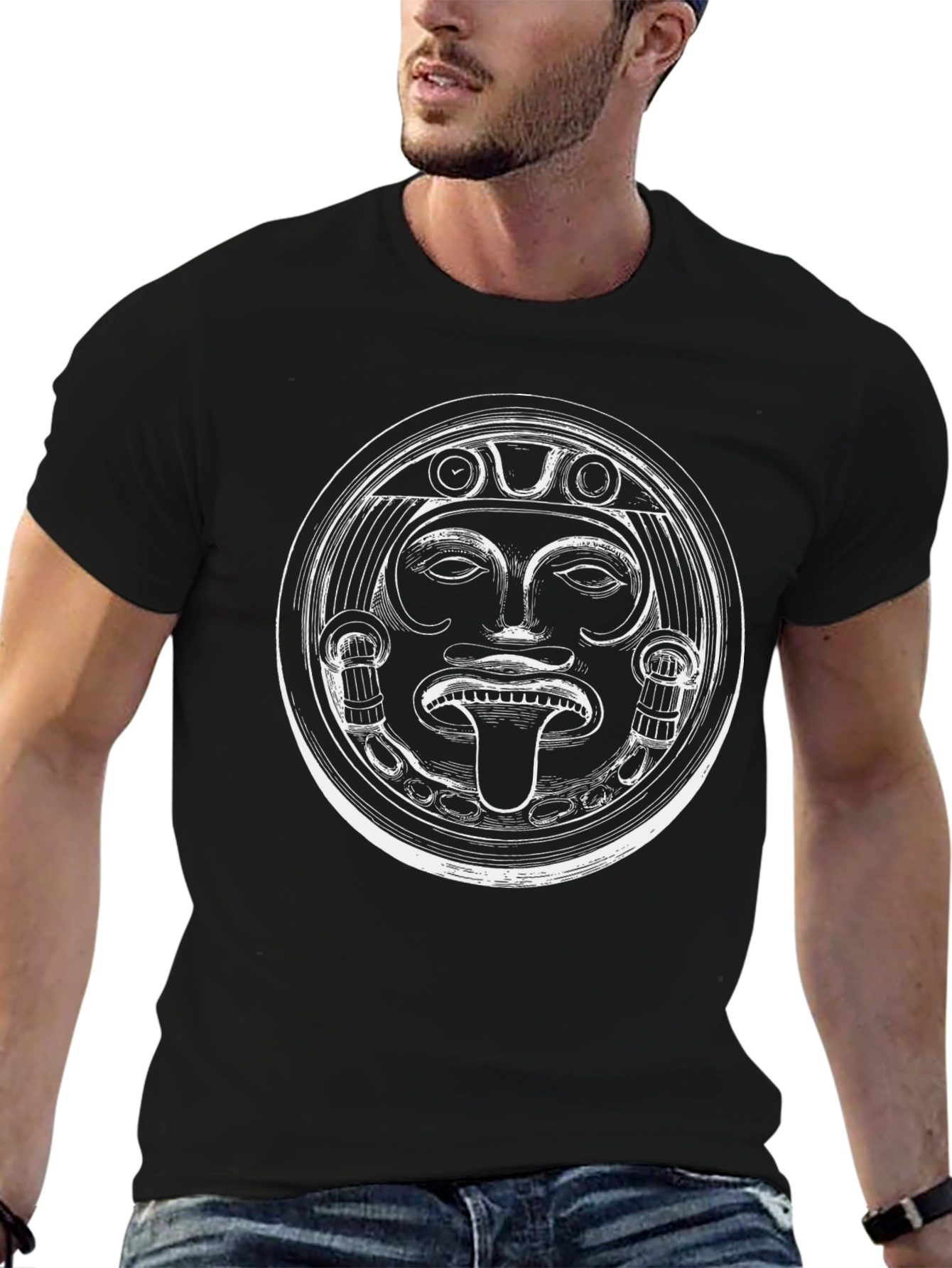 Aztec Mask Graphic T-Shirt - Black Crew Neck Tee