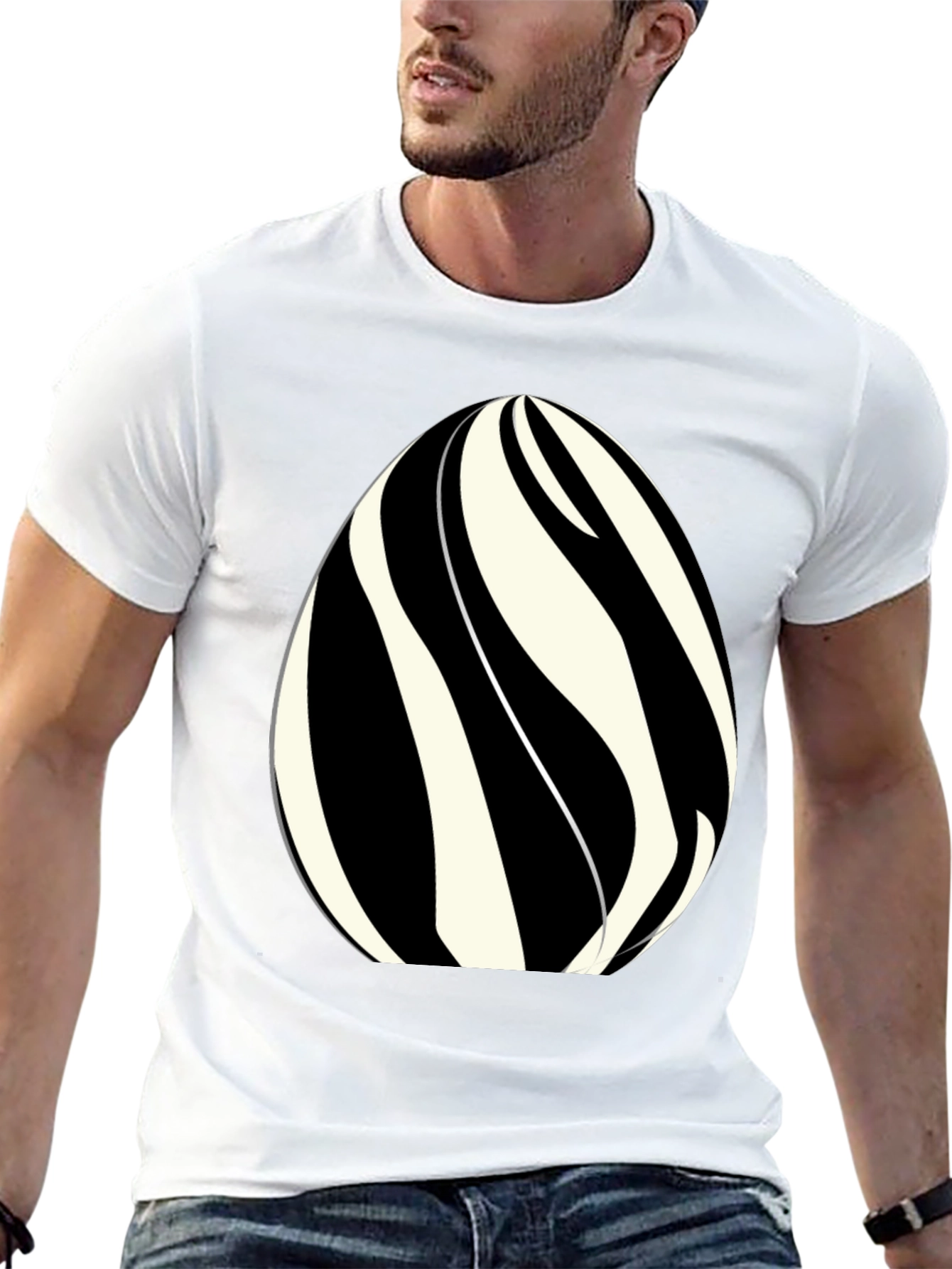 Striped Egg Graphic Tee - Modern Mens Black T-Shirt