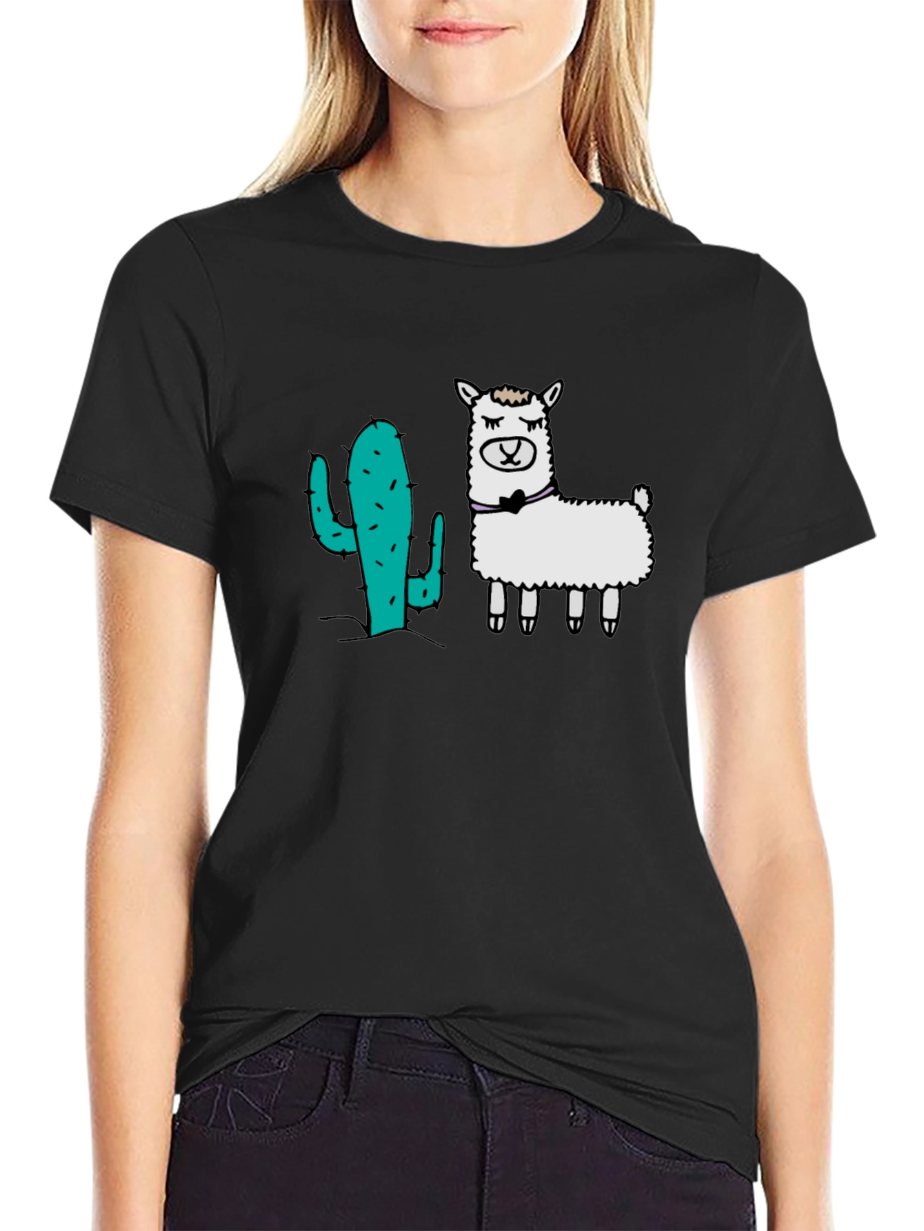 Cactus & Llama Graphic Black T-Shirt
