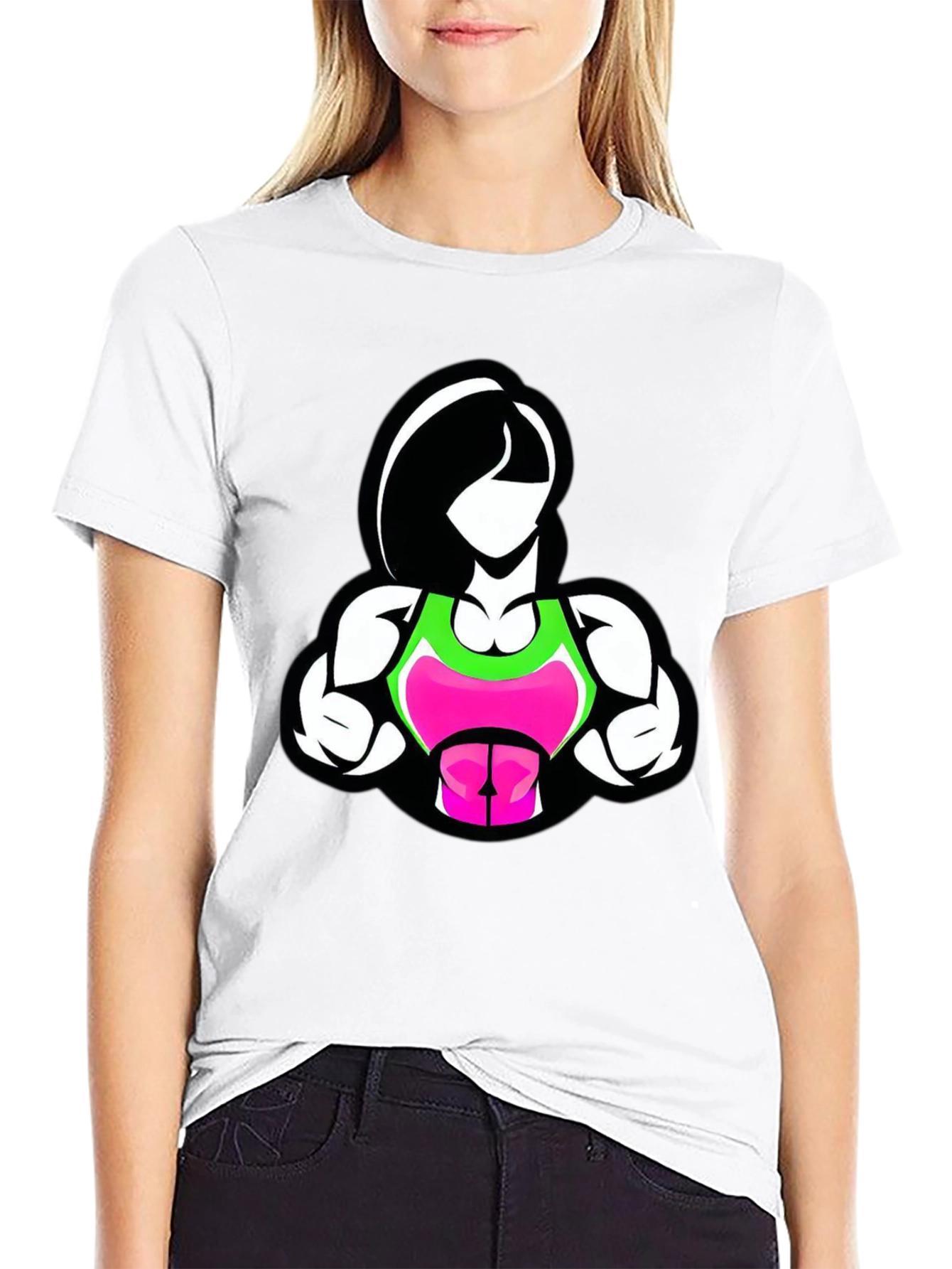 Fitness Woman Graphic Tee - Black Cotton Blend