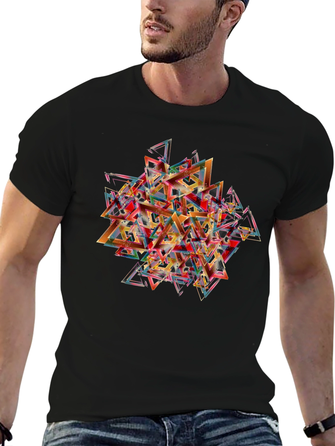 Abstract Triangle Graphic Print Black T-Shirt