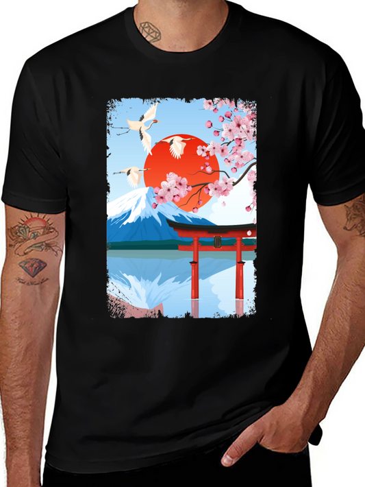 Japanese Art T-Shirt - Cranes Mountain & Sakura