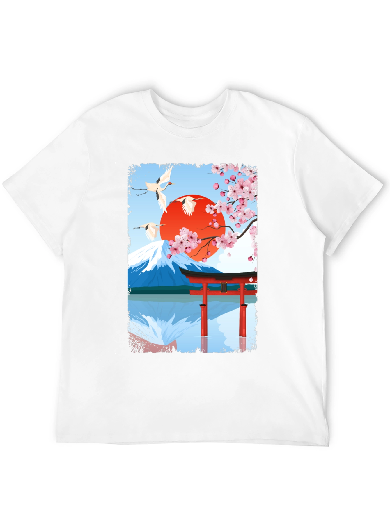 Japanese Art T-Shirt - Cranes Mountain & Sakura