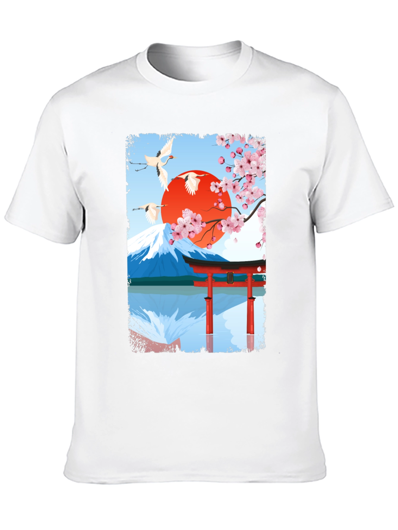 Japanese Art T-Shirt - Cranes Mountain & Sakura