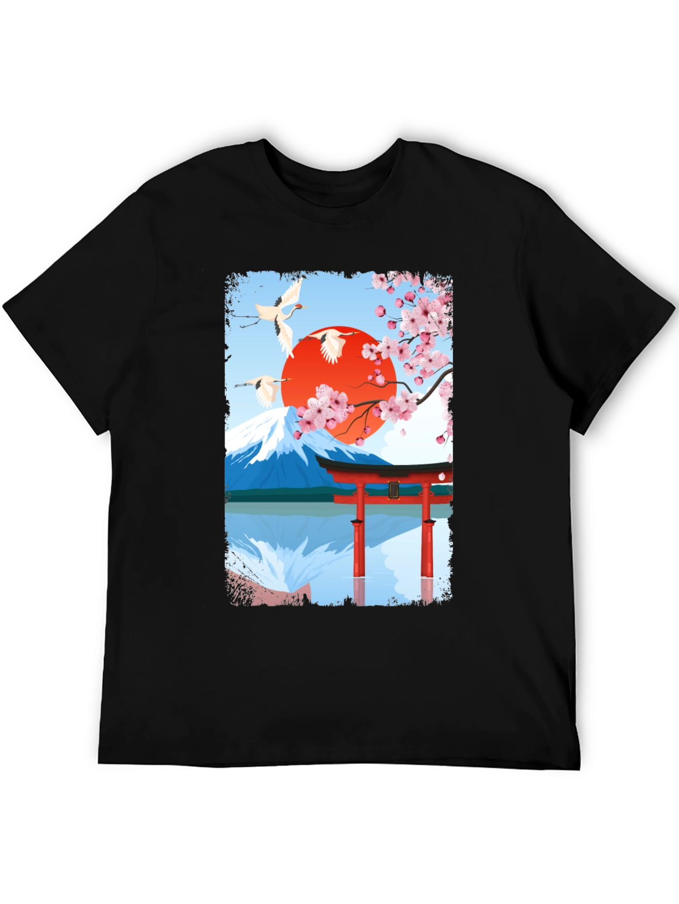 Japanese Art T-Shirt - Cranes Mountain & Sakura