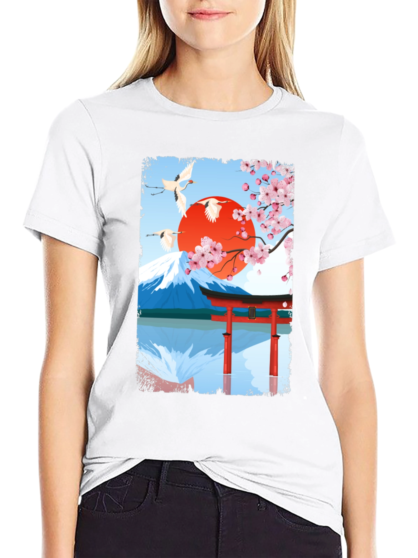 Japanese Art T-Shirt - Cranes Mountain & Sakura