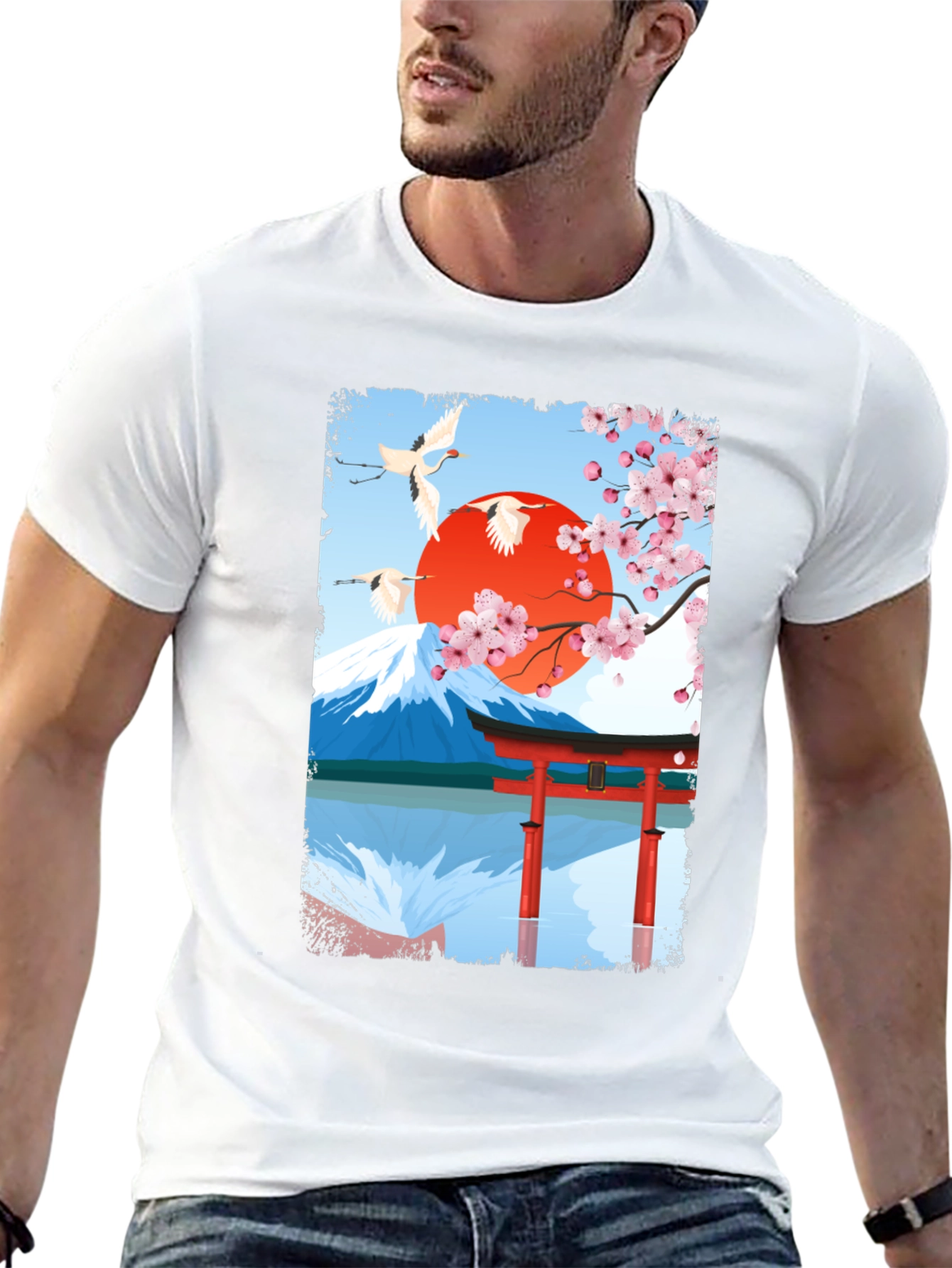 Japanese Art T-Shirt - Cranes Mountain & Sakura