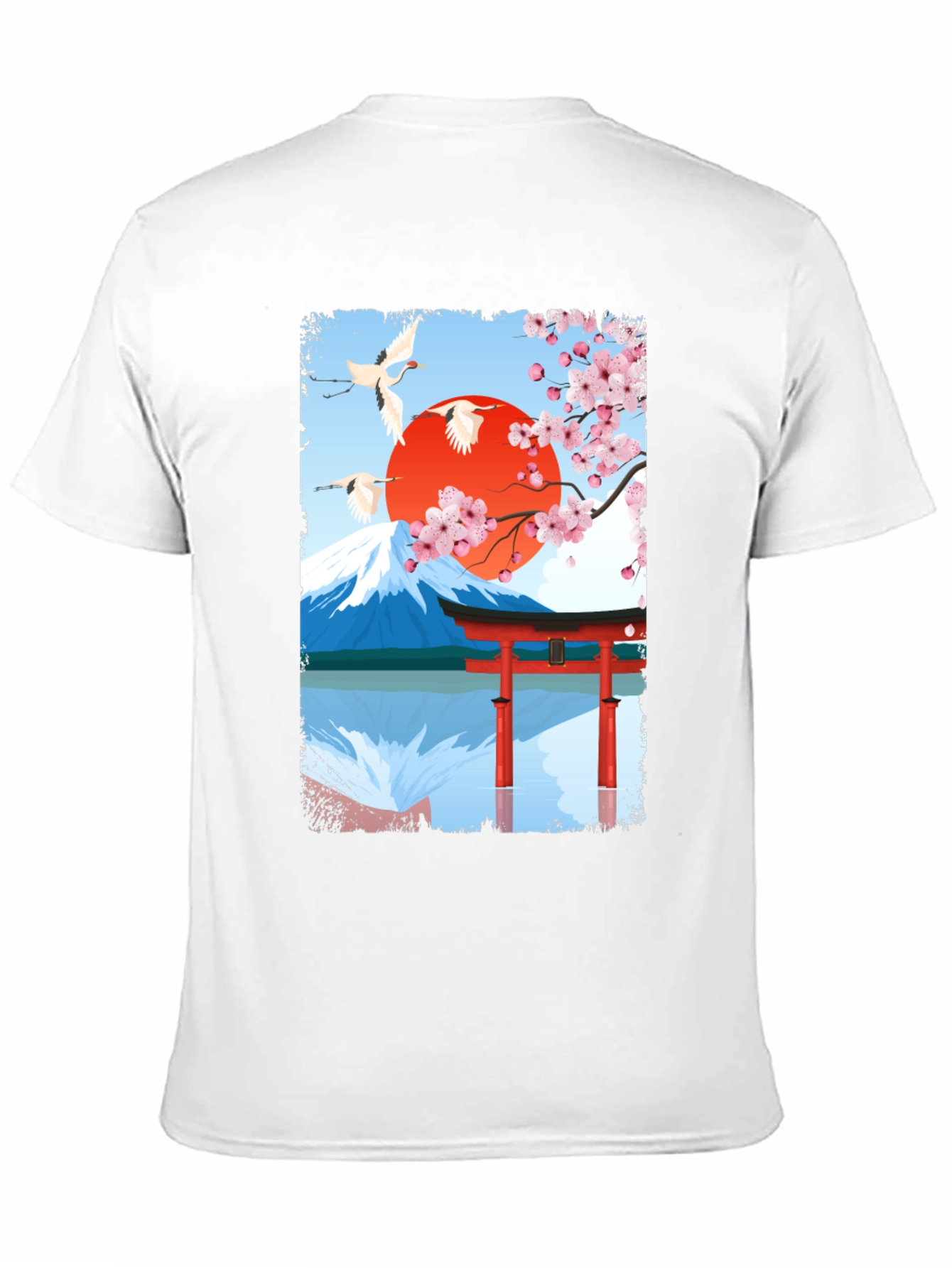 Japanese Art T-Shirt - Cranes Mountain & Sakura