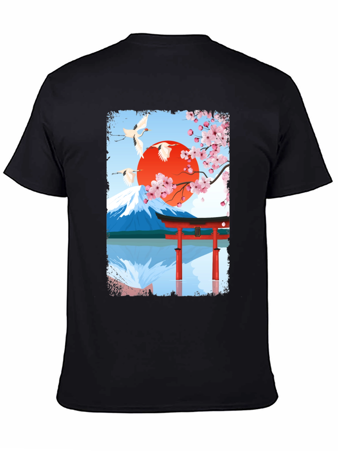 Japanese Art T-Shirt - Cranes Mountain & Sakura