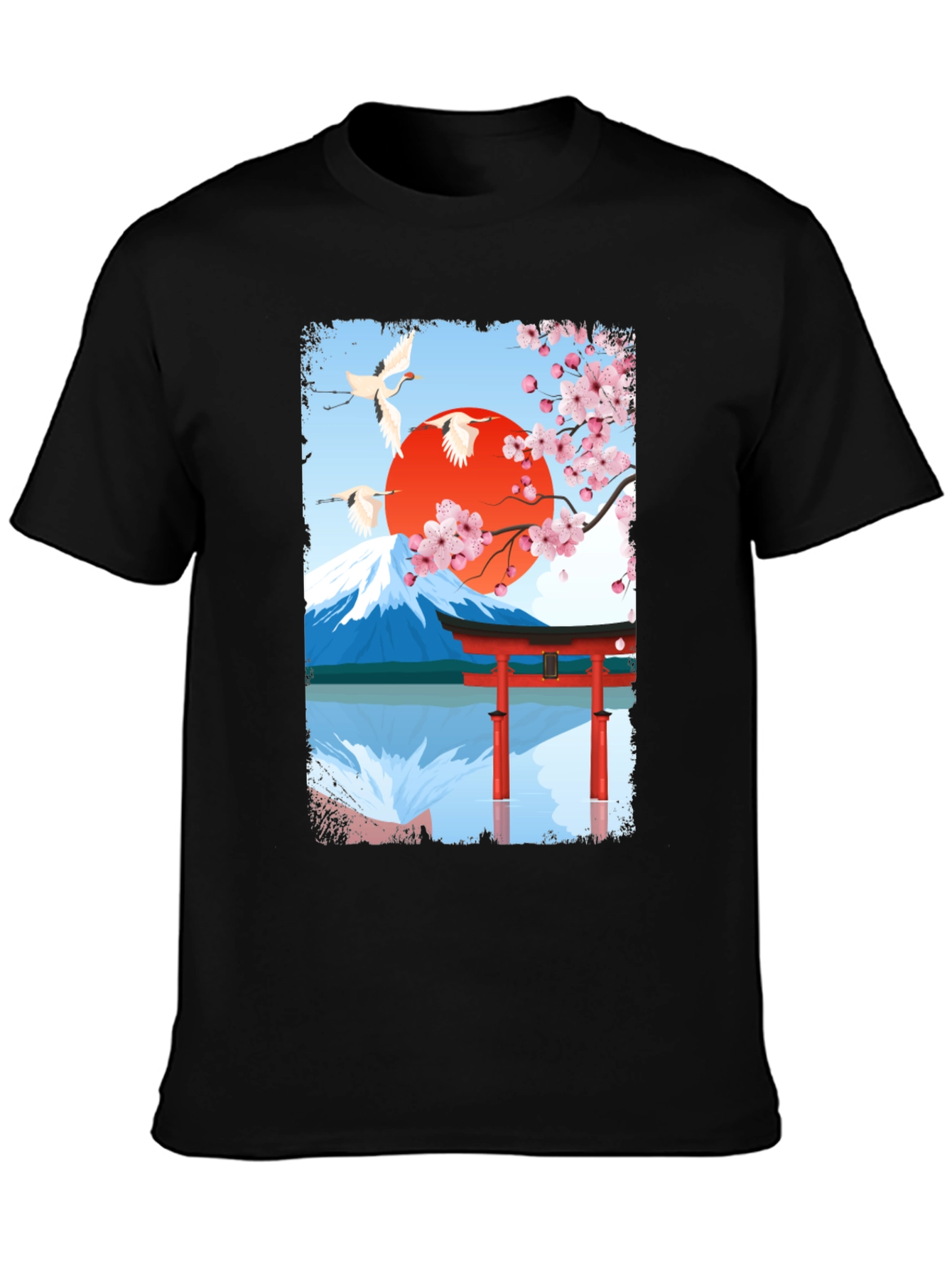Japanese Art T-Shirt - Cranes Mountain & Sakura
