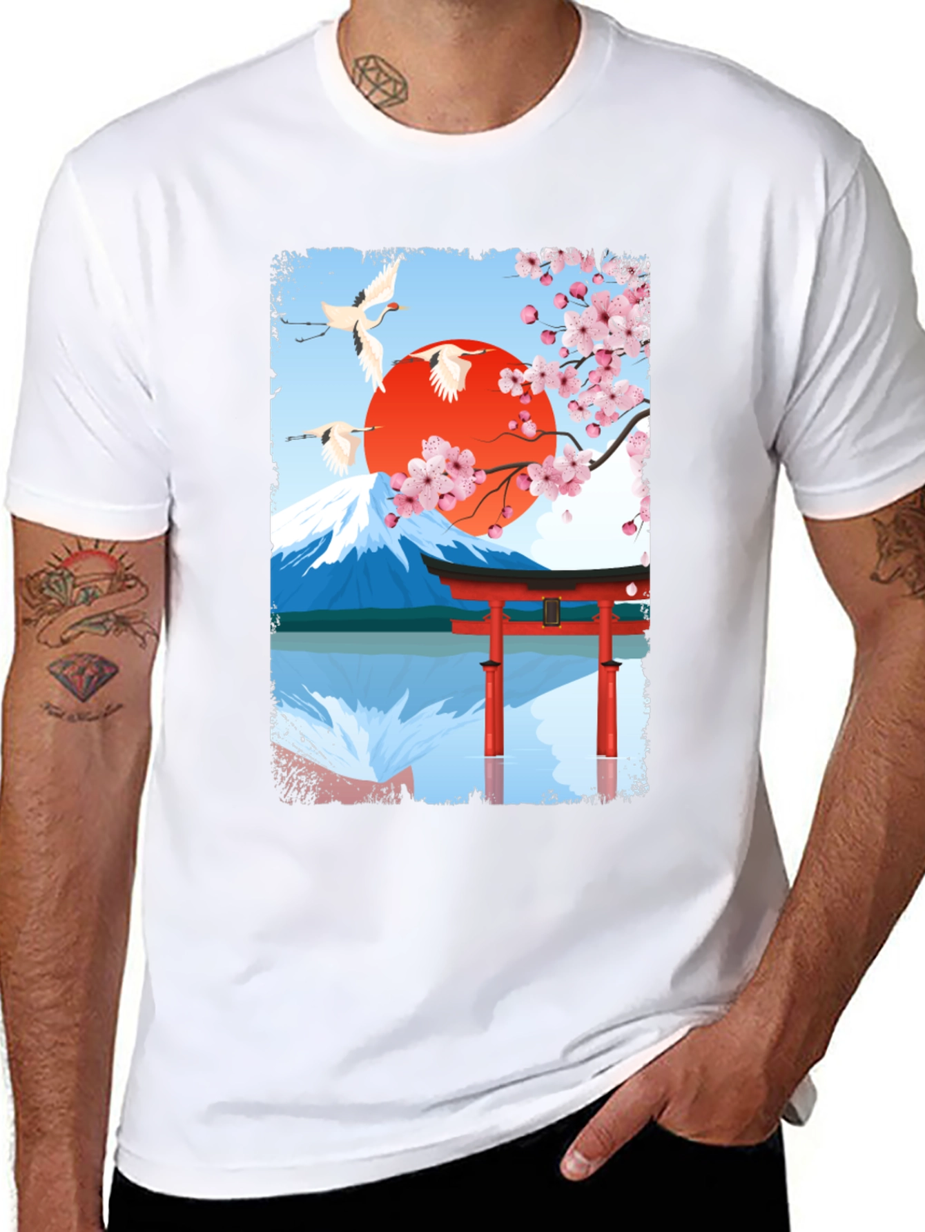 Japanese Art T-Shirt - Cranes Mountain & Sakura