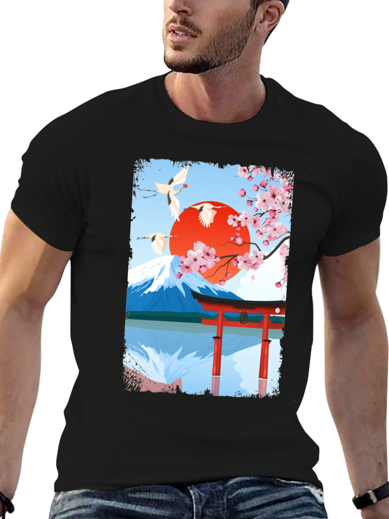 Japanese Art T-Shirt - Cranes Mountain & Sakura