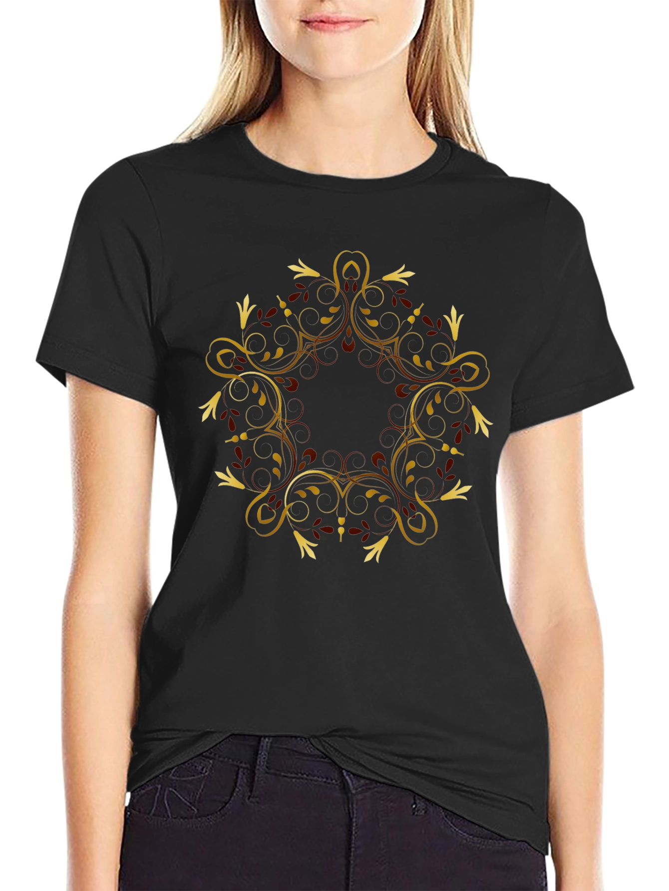 Black Tee with Gold Swirl Graphic