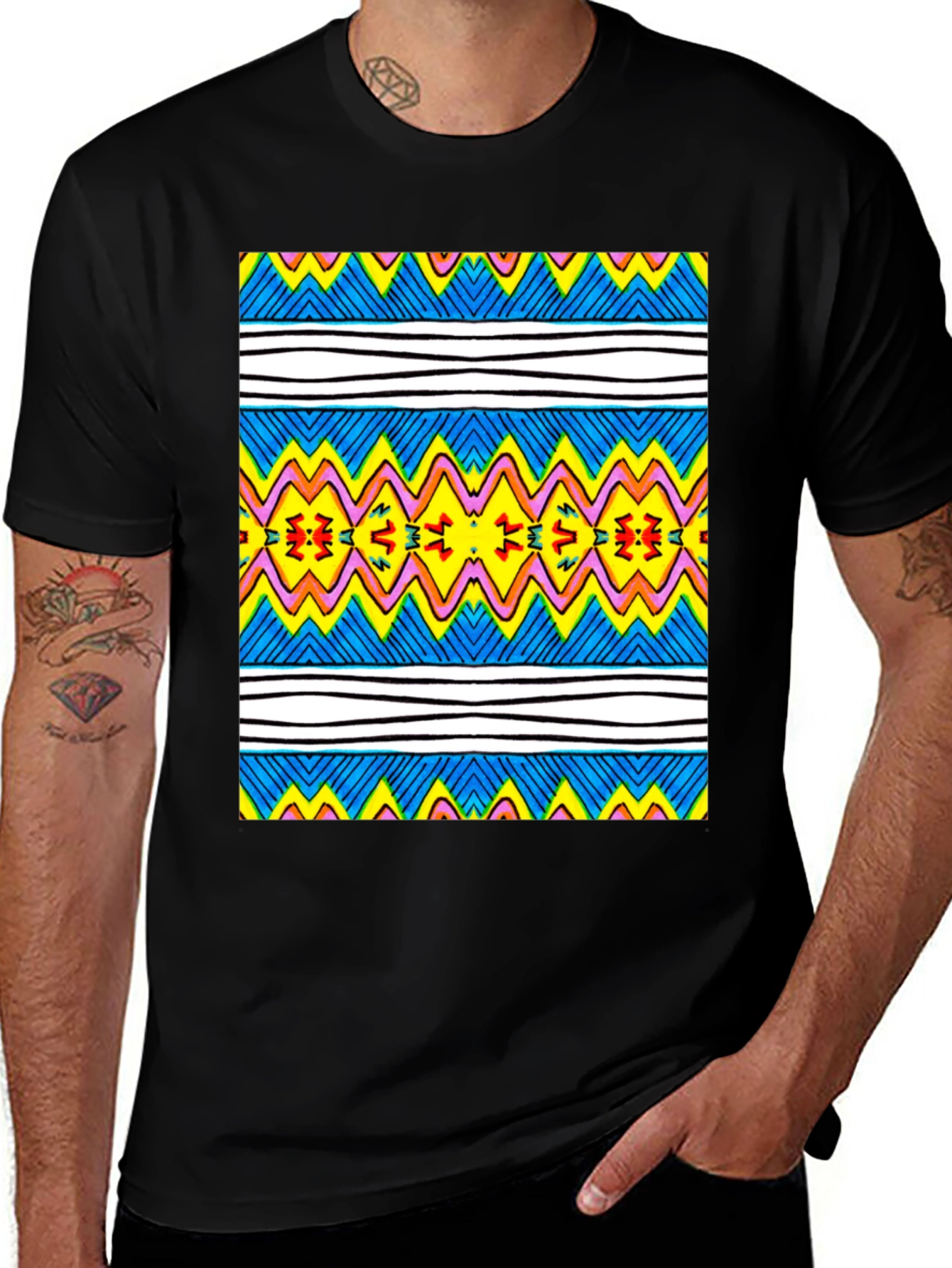 Vibrant Geometric Print Tee - Black Casual T-Shirt