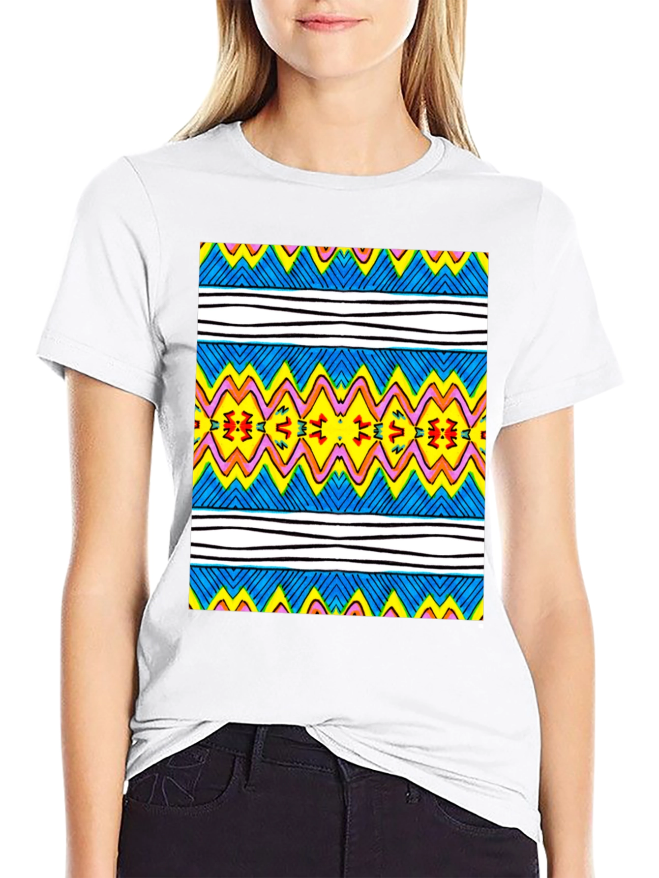 Vibrant Geometric Print Tee - Black Casual T-Shirt