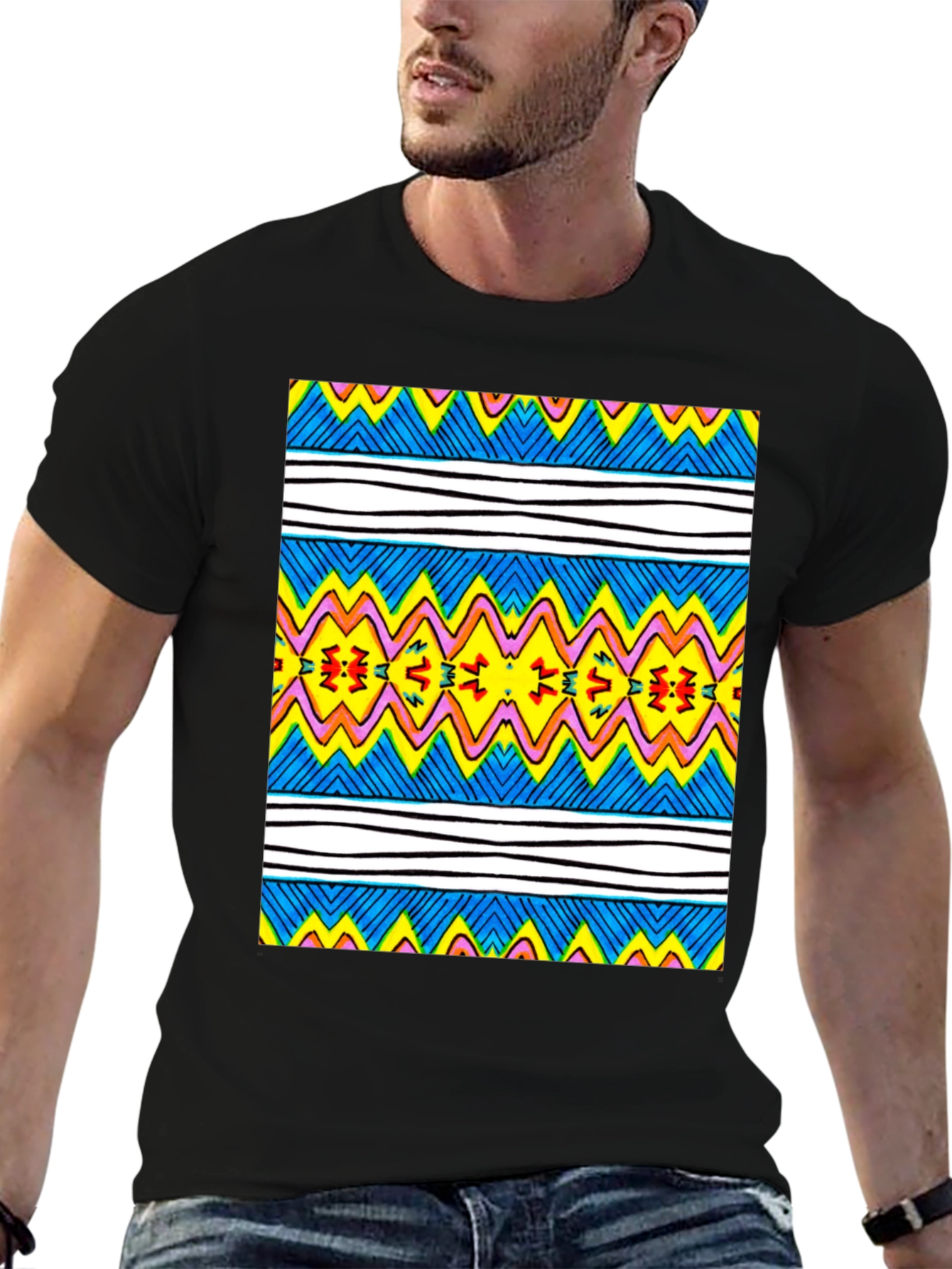 Vibrant Geometric Print Tee - Black Casual T-Shirt