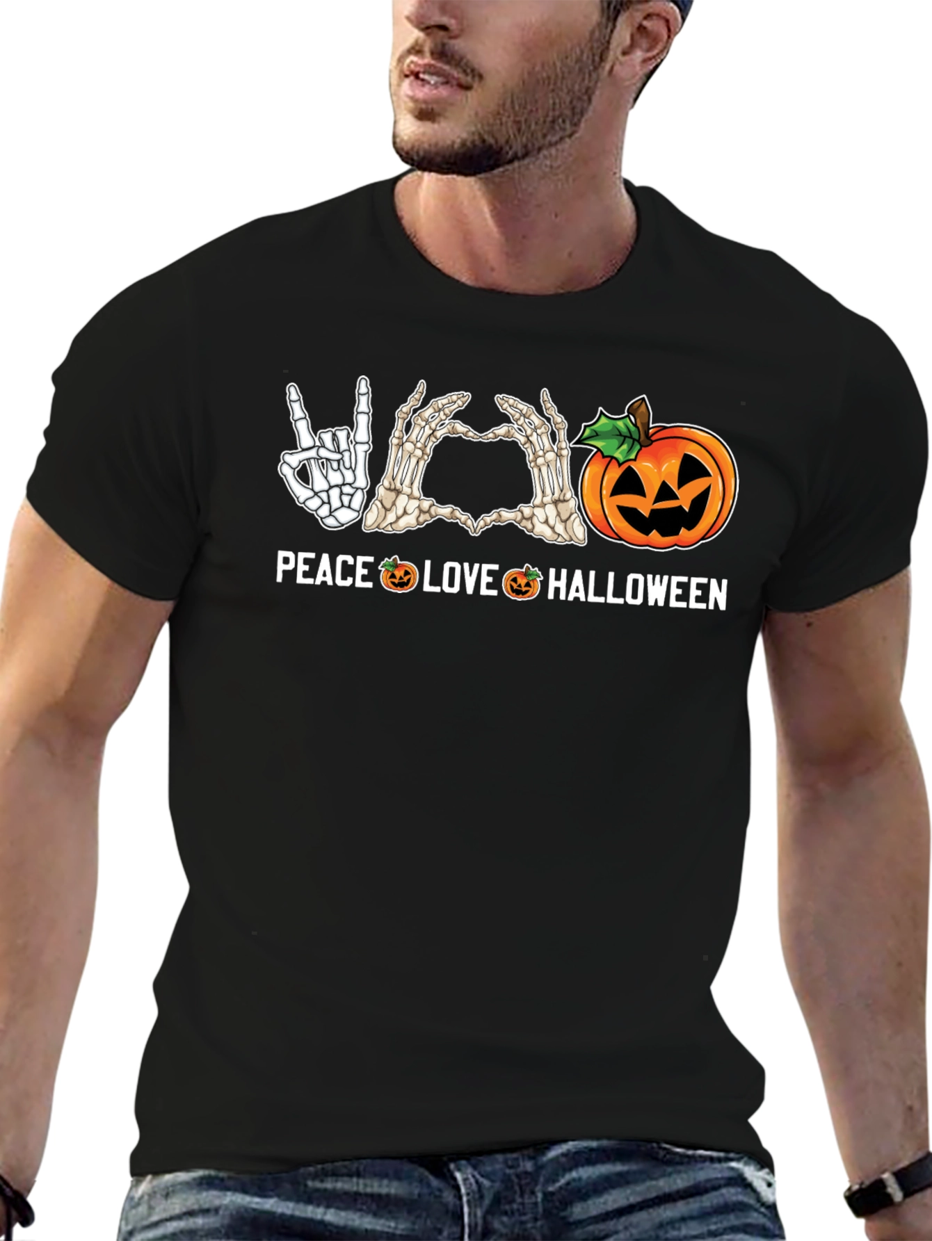 Peace Love Halloween Skeleton Hand Graphic Tee