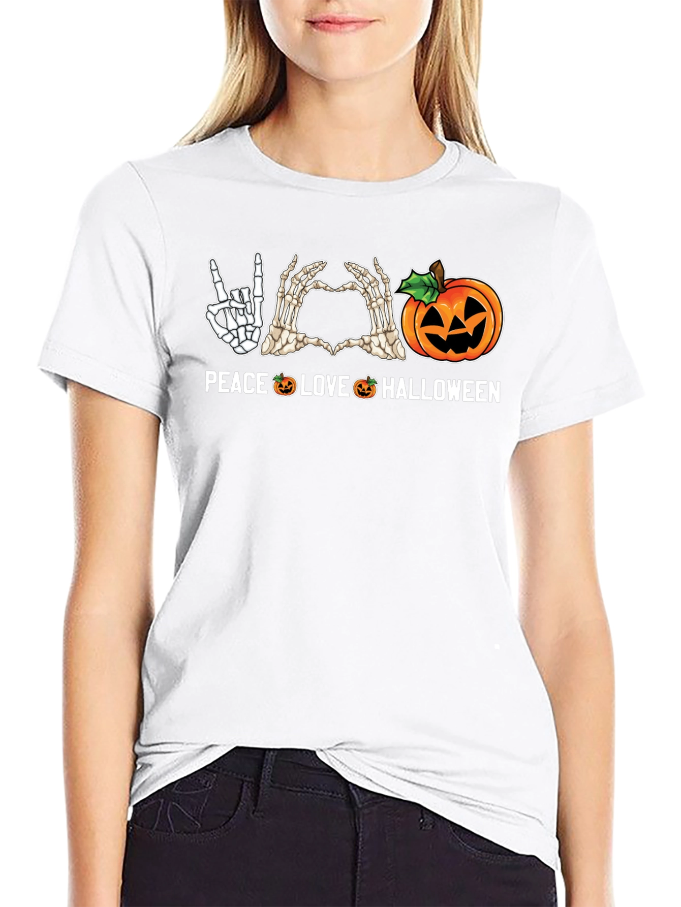 Peace Love Halloween Skeleton Hand Graphic Tee