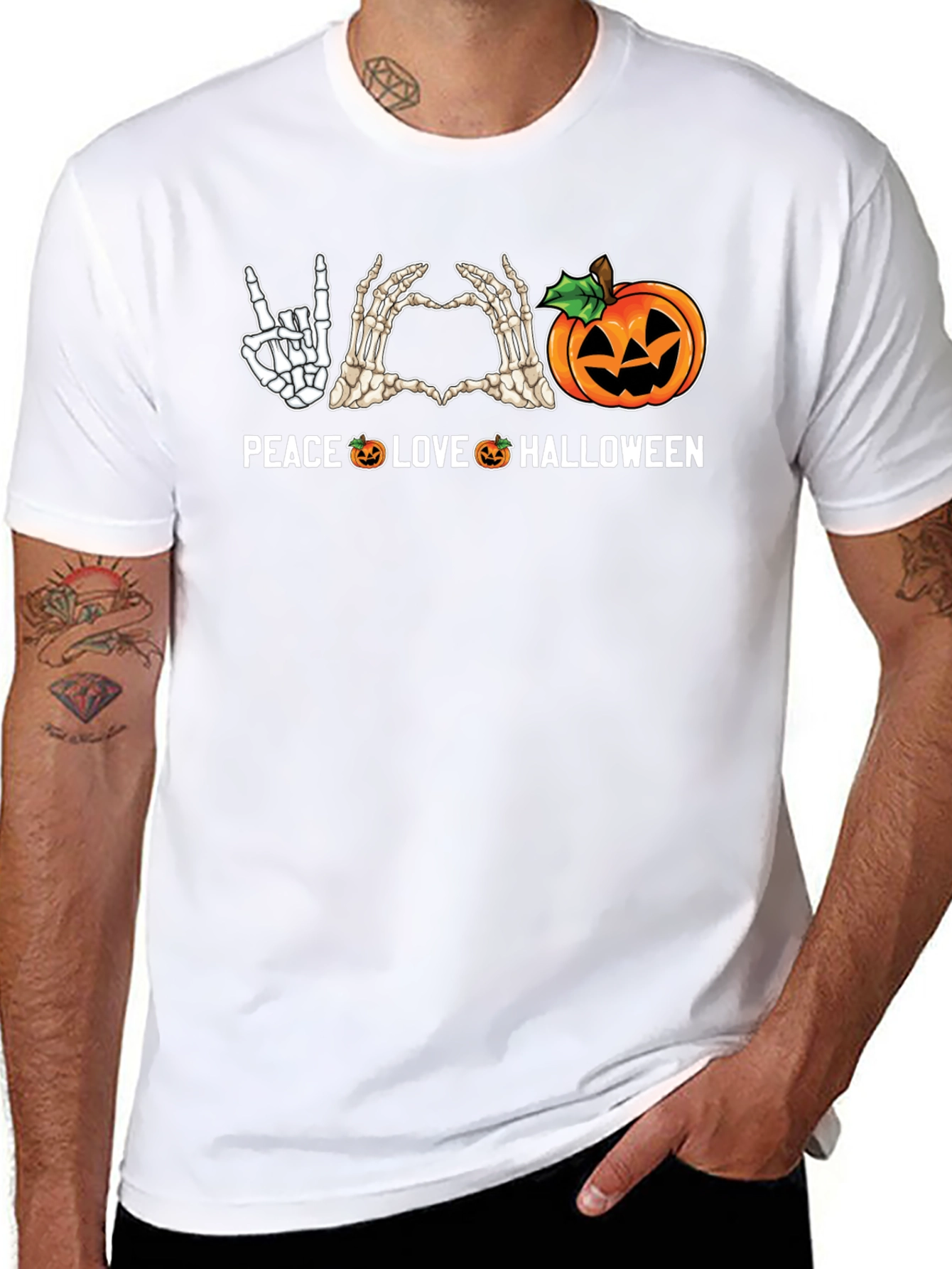Peace Love Halloween Skeleton Hand Graphic Tee