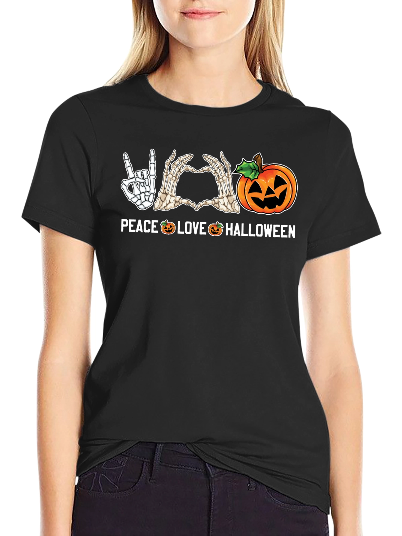 Peace Love Halloween Skeleton Hand Graphic Tee