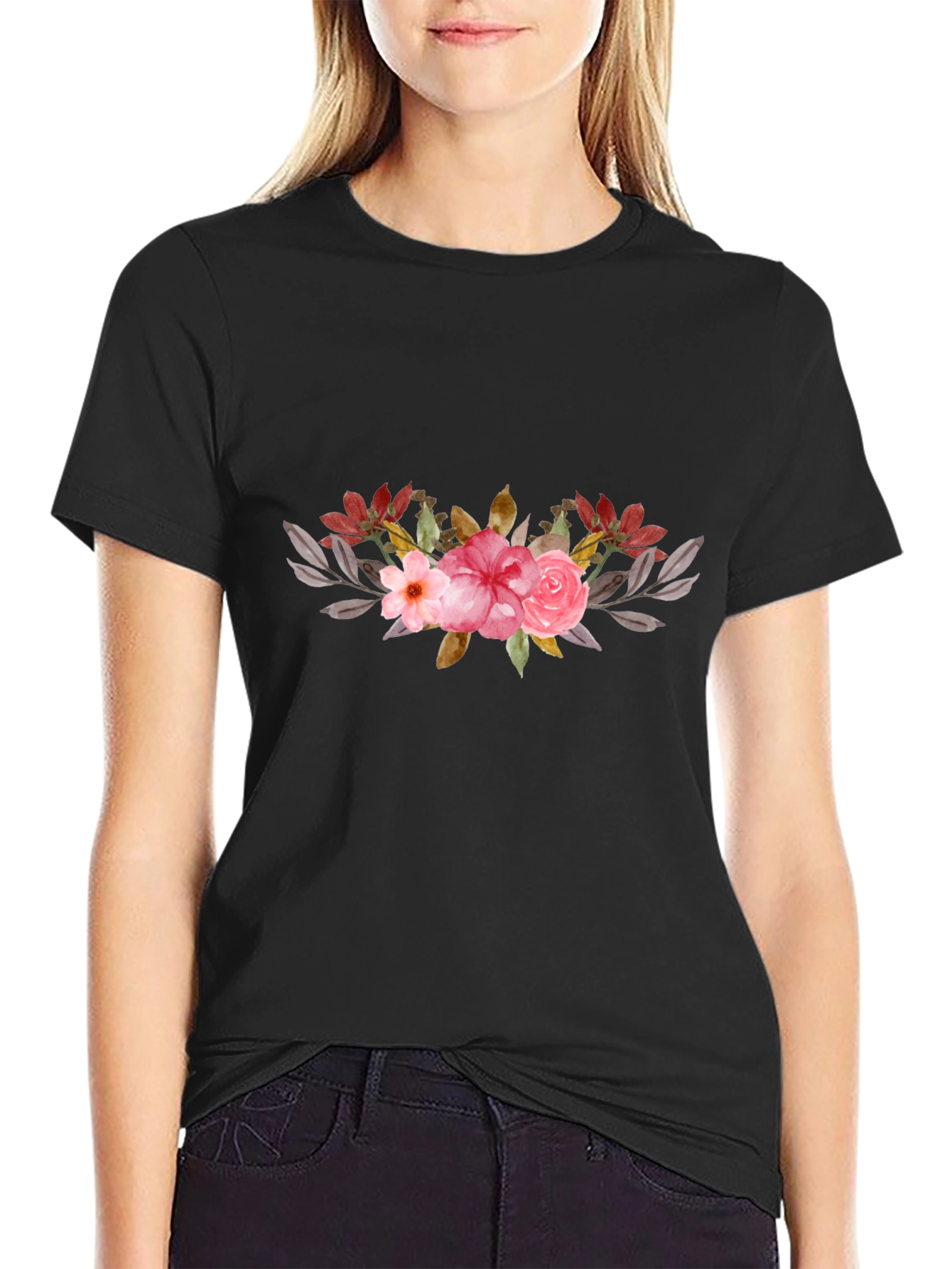 Floral Accent Black Tee
