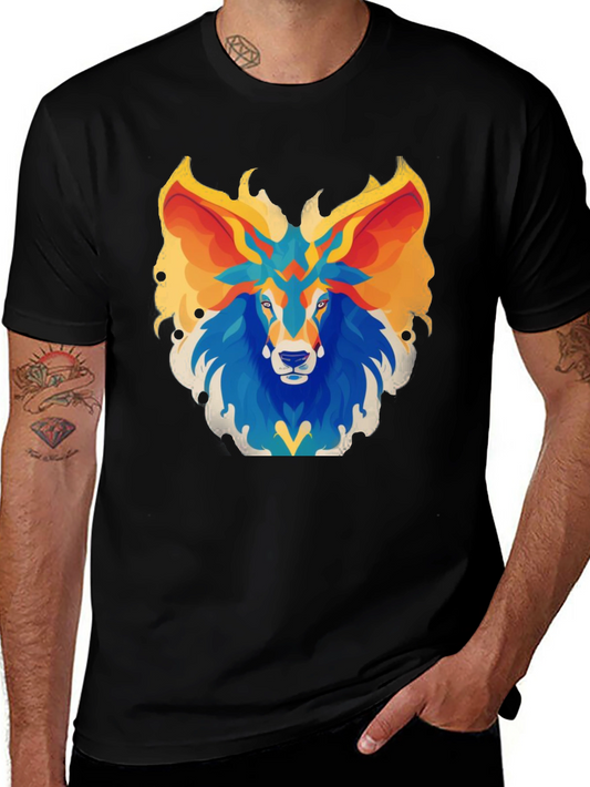 Abstract Lion Graphic Tee - Black Cotton Blend