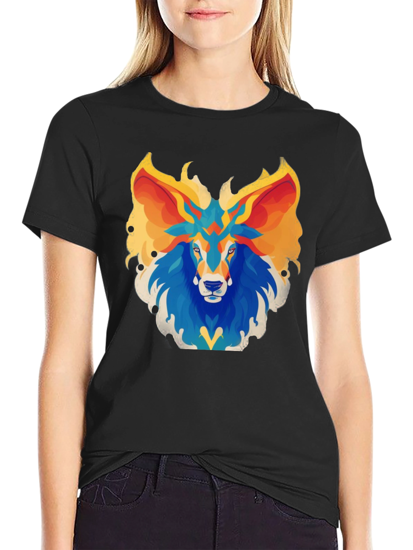 Abstract Lion Graphic Tee - Black Cotton Blend