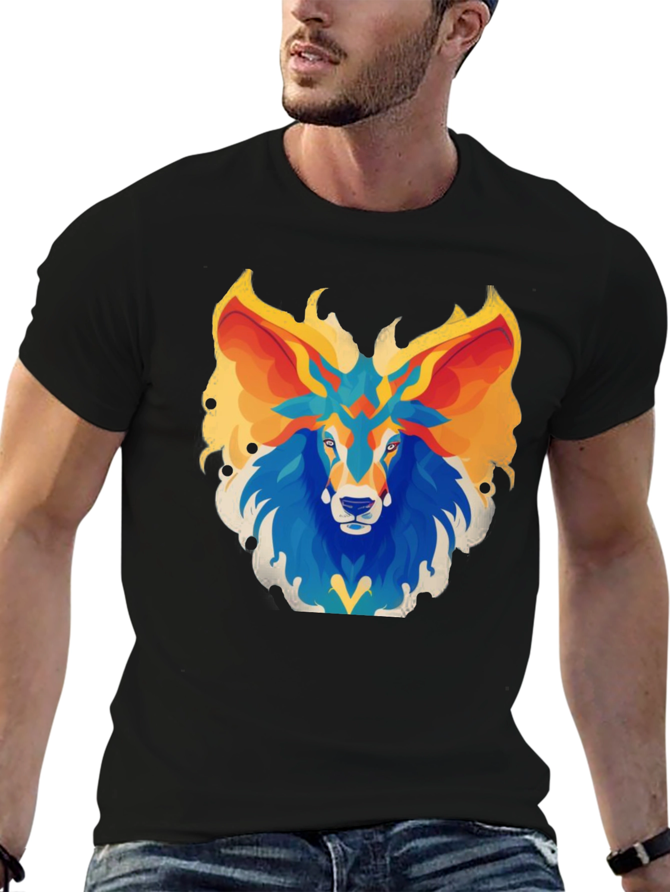 Abstract Lion Graphic Tee - Black Cotton Blend