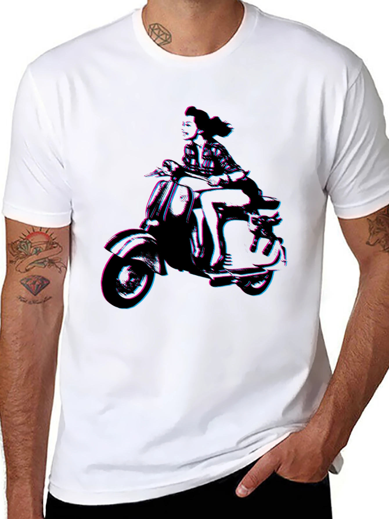 Retro Woman on Scooter Graphic Tee - Black