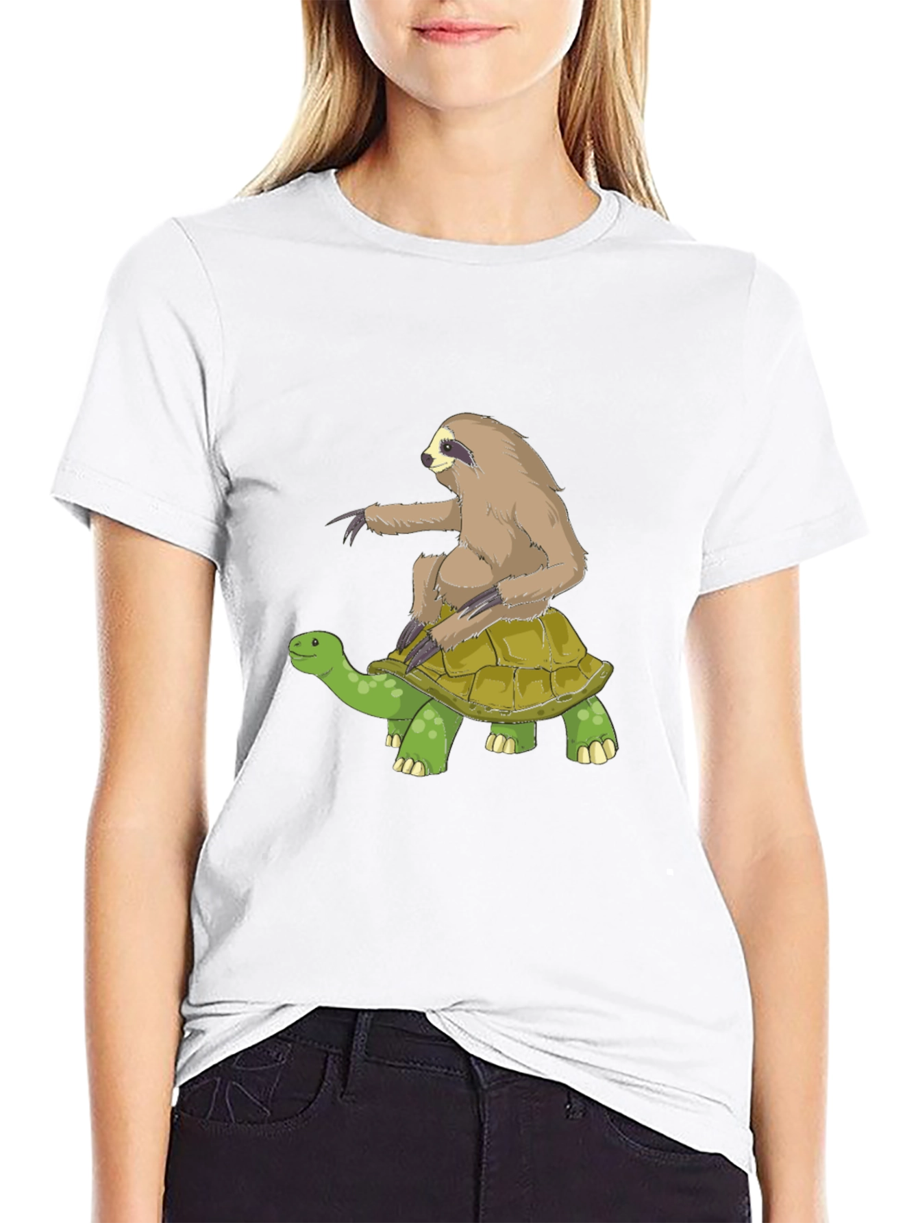 Sloth Riding Turtle Graphic Tee - Black Cotton T-Shirt