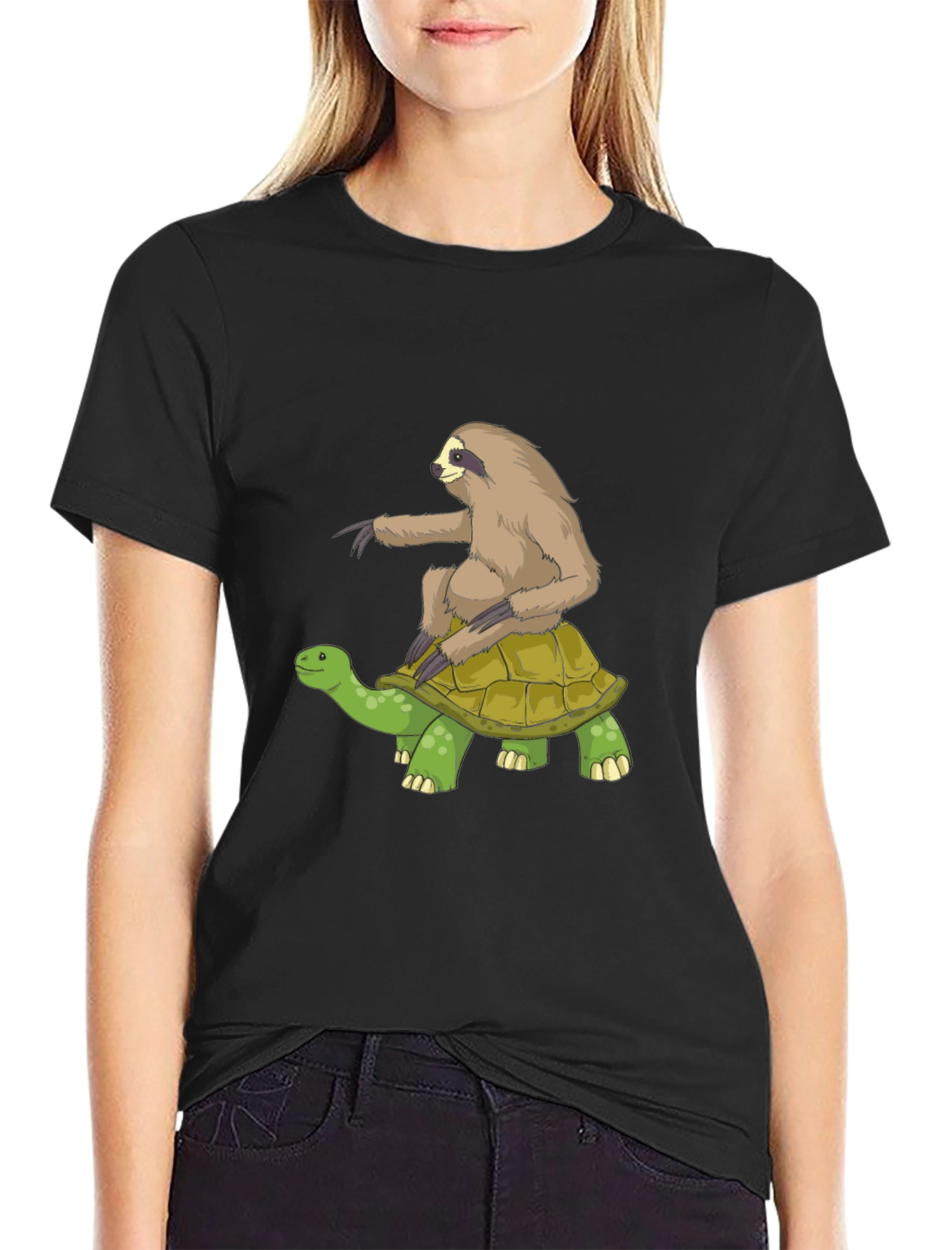 Sloth Riding Turtle Graphic Tee - Black Cotton T-Shirt