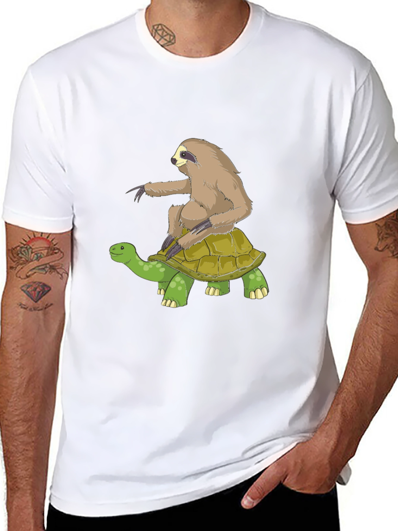 Sloth Riding Turtle Graphic Tee - Black Cotton T-Shirt