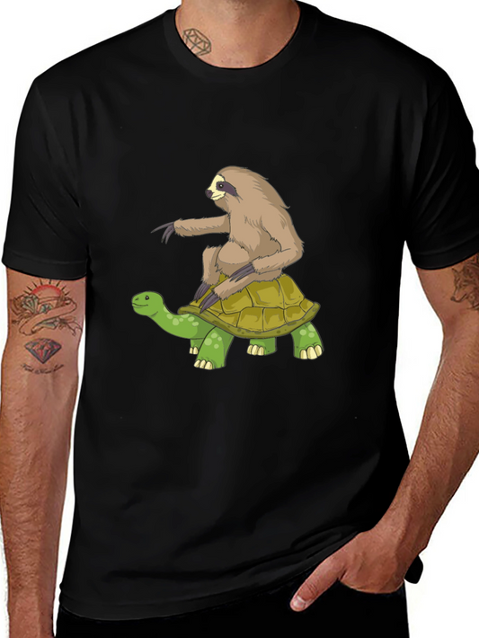 Sloth Riding Turtle Graphic Tee - Black Cotton T-Shirt