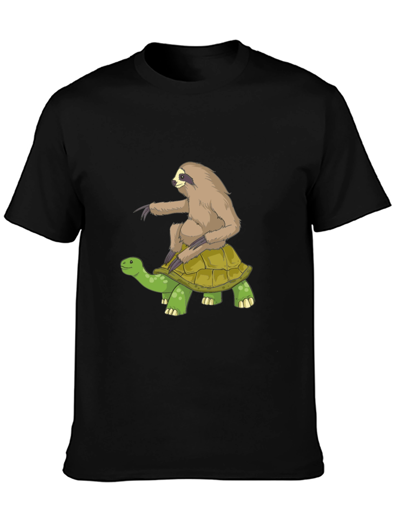 Sloth Riding Turtle Graphic Tee - Black Cotton T-Shirt
