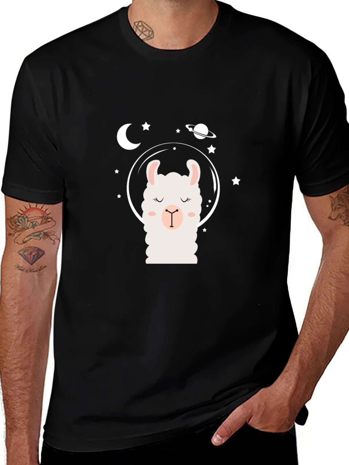 Llama in Space Black T-Shirt - Cute Cartoon Design
